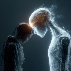 Poster - A human-like robot stands face to face with a glowing holographic figure in a dark environment. The two beings share a moment of connection, symbolizing advanced technology and humanity.