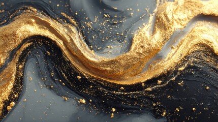 Poster - An elegant mixture of black and gold swirls creates a striking abstract design. The shimmering gold dust contrasts beautifully against the dark background, enhancing the overall richness.