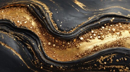 Poster - Intricate patterns of black and gold intertwine to form an elegant, abstract design. The glossy textures and shimmering details evoke a sense of luxury and sophistication.