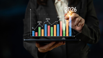 Poster - Business growth forecast highlights increasing trends new year 2026. Growth forecast data, growth forecast strategy, and growth forecast planning are key elements. Latch