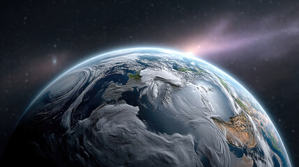 earth planet space atmosphere sunrise orbit clouds ocean continent cosmic beauty with sunlight illum