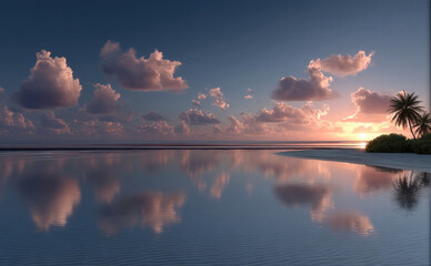 Poster - Tropical sunset over calm ocean water, pink clouds reflecting on surface, palm tree silhouette, peaceful and serene atmosphere