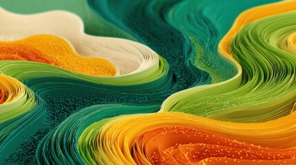 Fototapete - Intricate layers of colored paper form flowing patterns resembling waves, showcasing creativity and craftsmanship in a bright artisan workshop filled with natural light.