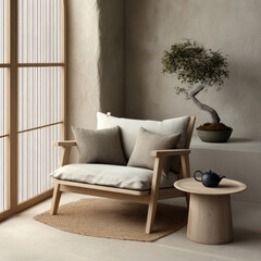 Poster - Natural wood armchair beige cushion neutral pillow round table bonsai Japanese minimalist interior calm sunlight