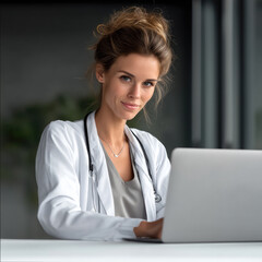 Poster - Confident young female doctor with stethoscope working on laptop in modern office, professional healthcare worker smiling