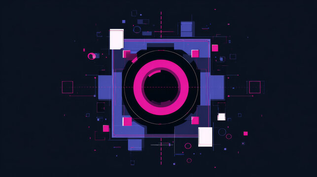 Virtual 3d element with circles, hexagons, triangles, lines, squares, rectangles. Modern logo in cyberpunk style. Futuristic IT badges for banner. Technology hi-tech design in the Vector illustration.