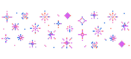 Wall Mural - 8 bit pixel sparkle border in retro style stars and crystals for games UI retro designs or web Minimalist 90s Y2K pixel star collection.Firework burst, space decoration. 