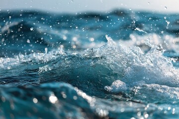 Poster - Waves create dynamic water surface texture with bubbles and splashes under sunlight on a clear day at the ocean