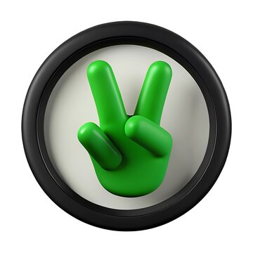 vibrant green peace sign hand gesture icon centered on a circular black badge design