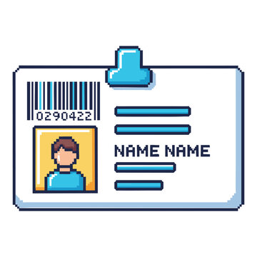 Pixel art identification card with photo barcode and name fields