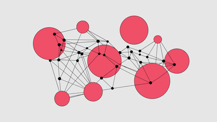 Poster - A network of red circles connected by black lines and dots on a light gray background abstract design