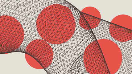 Poster - Abstract composition featuring a black triangular mesh over red circles on a light beige background