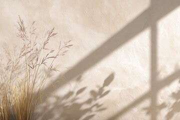 Poster - Gentle light beige background featuring delicate shadows and graceful plants, creating a serene and calming atmosphere with soft textures and minimalistic elegance