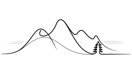 Poster - A minimalist line drawing of a mountain range with a single tree on the right side of the image area