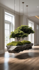 Poster - Suspended bonsai tree and moss on floating rock, modern interior, natural light, serene atmosphere, wooden floor, minimalist decor