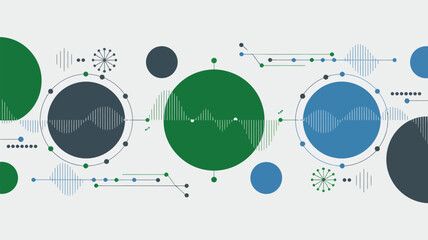 Poster - Abstract illustration with circles, lines, and waveforms in green, blue, and gray on white background
