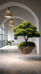 Poster - Floating bonsai tree suspended in modern hallway, natural light, green foliage, tranquil atmosphere, contemporary interior design