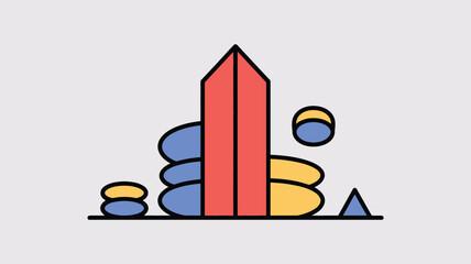 Poster - A minimalist illustration with a red tower and stacked blue and yellow stones on a light gray background