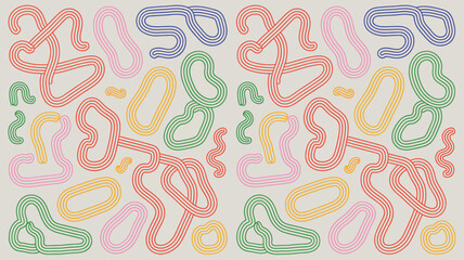 Poster - A repeating pattern of colorful rounded shapes and lines on a light beige background forming an abstract design
