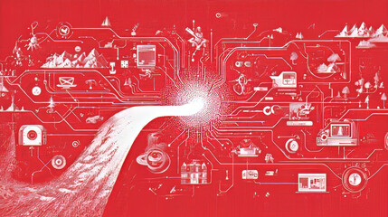 Poster - Digital technology poster cover internet connect red background, cyber information, abstract communication, innovation future tech data, internet network connection, Ai big data blend illustration