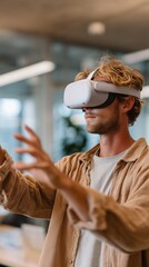 Poster - Young man engages with virtual reality technology in a modern office setting during the afternoon