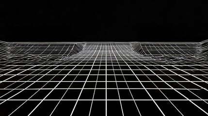 Poster - Futuristic perspective grid box. Abstract wireframe with white grid line on black background. Virtual reality landscape in 80s 90s digital style. Vector illustration.