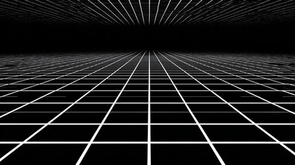 Poster - Futuristic perspective grid box. Abstract wireframe with white grid line on black background. Virtual reality landscape in 80s 90s digital style. Vector illustration.