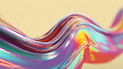 Poster - 3d holographic liquid wave, iridescent chrome fluid silk fabric isolated on light background. Render of neon metal ribbon with rainbow gradient effect flying in motion. 3d vector geometric background