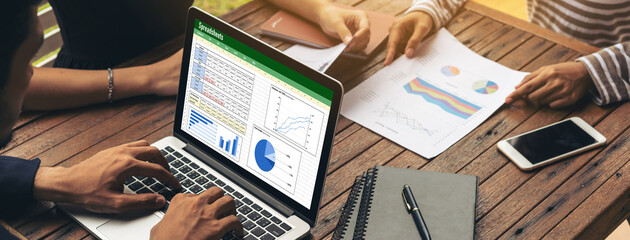 Poster - Spreadsheet document information financial startup concept. data and graphs in spreadsheet documents for online analysis project dashboard accounting digital snugly