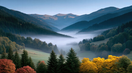Aufkleber - Colorful autumn sunrise over misty valley mountain landscape pine forest vibrant foliage serene peaceful nature scenic view