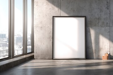 Poster - Modern office featuring an empty poster frame against a concrete wall with large windows allowing natural light to illuminate the space