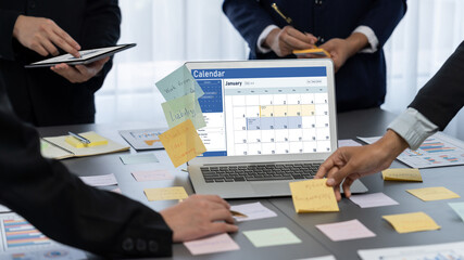 Poster - Analyst team use sticky note for creative and analytic brainstorm for business idea with BI data dashboard on laptop screen. Analysis financial data visualization tech for marketing strategy. Prodigy