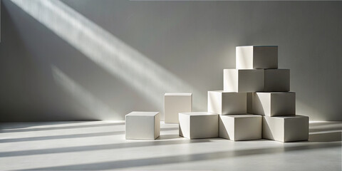 Poster - Soft rays of light illuminate a structure of white cubes arranged in a pyramid. The play of shadows enhances the minimalist aesthetics of the calm interior space