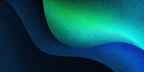 Fototapete - Abstract wavy background with green blue gradient. black. saturated colors. particles. dark style. curved shapes. dots. banner. modern. textured illustration.