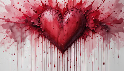 Poster - A bold red heart is depicted with paint splatters and drips on a canvas, showcasing a dynamic and expressive artistic style. The vibrant colors evoke strong emotions