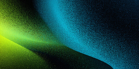 Fototapete - Abstract wavy background with green blue gradient. black. saturated colors. particles. dots. banner. modern. textured illustration. dark style.
