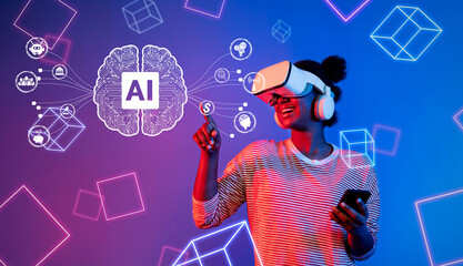 Poster - A cheerful woman wearing a VR headset interacts with digital representations of artificial intelligence in a lively, colorful space showcasing technology and innovation. XDMCP