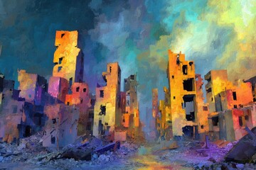 Poster - Abstract skyline of colorful buildings amidst a surreal landscape reflecting a blend of warmth and cool tones
