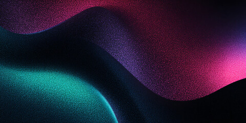 Fototapete - Abstract wavy background with green blue and purple gradient. black. curved shapes. particles. dots. banner. modern. textured illustration. dark style.