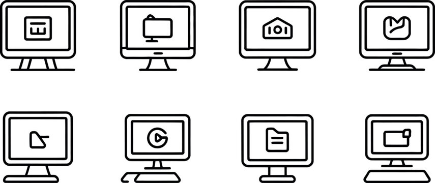 Vector computer icons:  minimal line art, modern design, clean style.