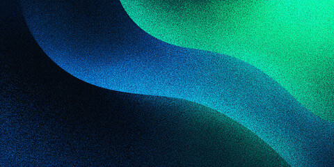 Fototapete - Abstract wavy background with green blue gradient. black. saturated colors. particles. dark style. curved shapes. dots. banner. modern. textured illustration.