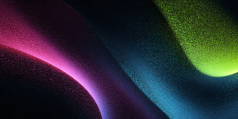 Fototapete - Abstract wavy background with green blue and red gradient. black. curved shapes. particles. dots. banner. modern. textured illustration. dark style.