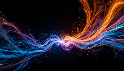 Poster - Wavy abstract light streaks in blue and orange illuminate a dark background, creating a dynamic glowing effect with energy and movement.