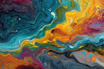 Poster - Vibrant abstract marbled acrylic paint ink swirling in intricate patterns of yellow, turquoise, and purple during a creative painting session