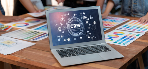Aufkleber - Customer relationship management system on brisk computer for CRM business and enterprise