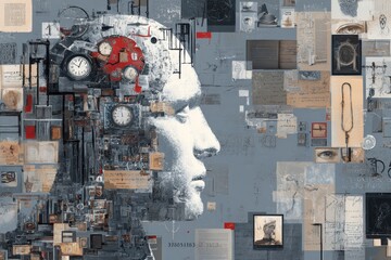 Poster - Exploring the intersection of education and intelligence through an abstract collage showcasing diverse elements of learning and thought
