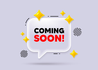 Poster - Coming soon chat speech bubble. Social media concept. Coming soon tag. Promotion banner sign. New product release symbol. 3d sparkles chat bubble. Vector
