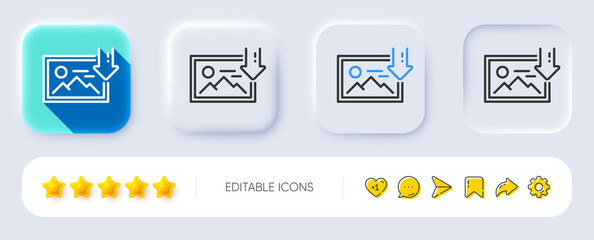 Poster - Download photo line icon. Neumorphic, Flat shadow, 3d buttons. Image thumbnail sign. Picture placeholder symbol. Line download photo icon. Social media icons. Vector