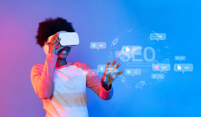 Poster - A person engages with virtual reality to explore social media metrics and audience interaction. This dynamic representation highlights technology role in shaping content strategies. XDMCP