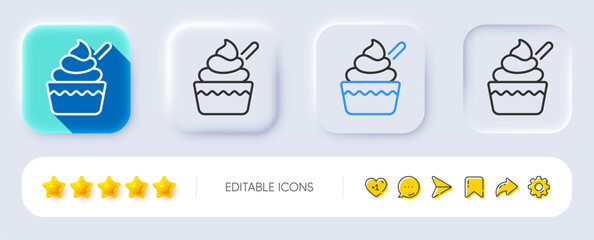 Poster - Ice cream cup line icon. Neumorphic, Flat shadow, 3d buttons. Vanilla sundae sign. Frozen summer dessert symbol. Line ice cream icon. Social media icons. Vector